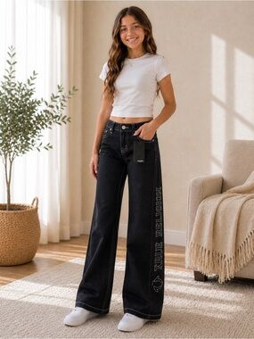 True Religion Black Wide-Leg Jeans with Side Logo Embroidery